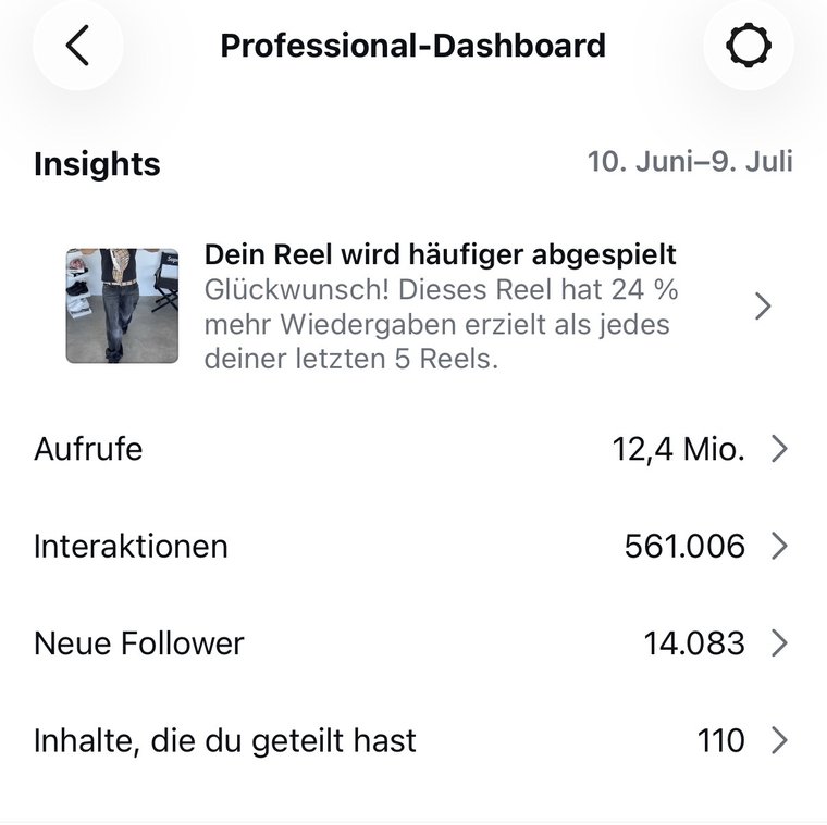 Instagram Professional-Dashboard — 12,4 Mio. Aufrufe und 14.083 neue Follower in einem Monat