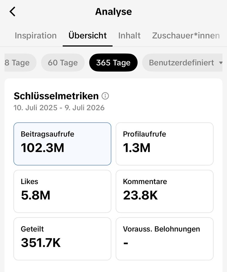 TikTok Analyse — 102,3M Aufrufe, 6,1M Likes, 351,7K Shares über 365 Tage